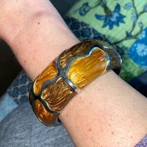 Deep Earth Tone Enamel Golden Swirl Bangle Bracelet
